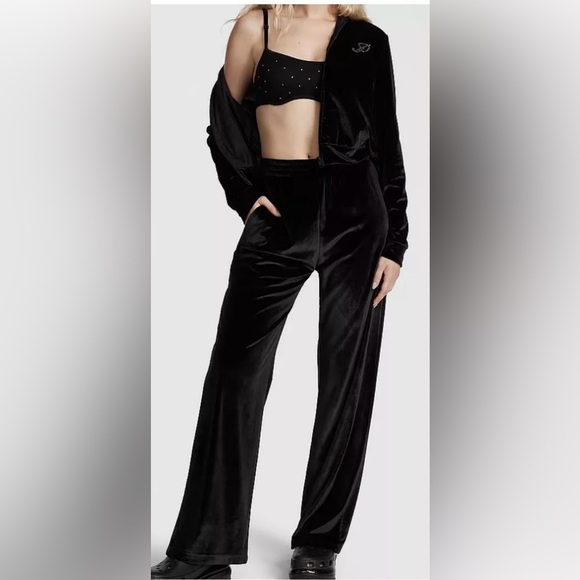Victoria Secret Pink Bling Velour Shine Full-zip Crop Hoodie & Wide-leg Pants - Picture 3 of 8